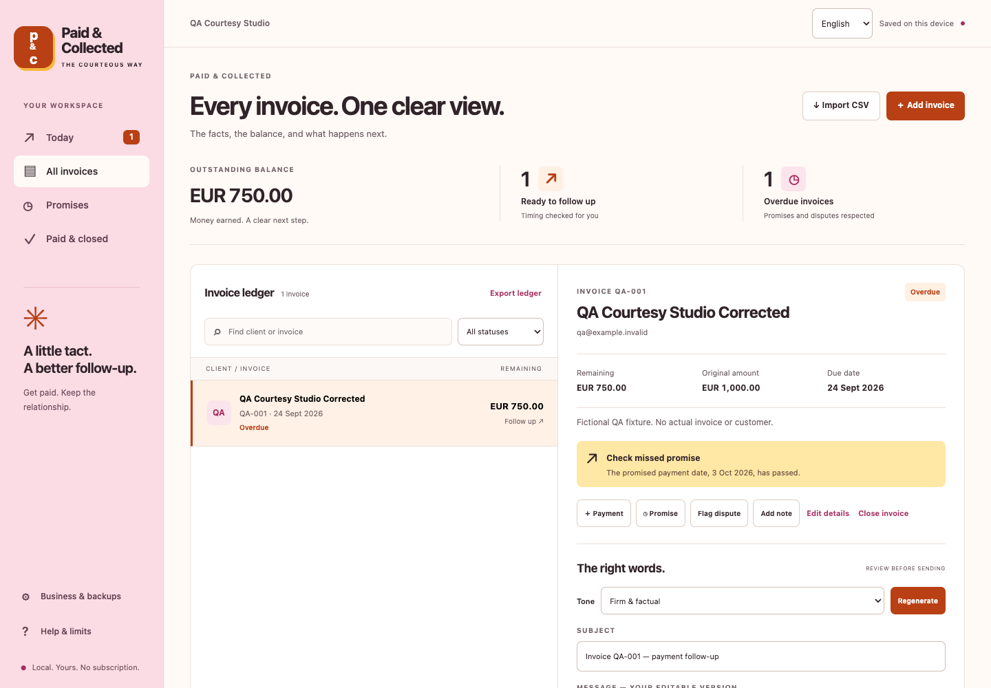 Paid & Collected invoice workspace showing reminders, payment status and editable messages